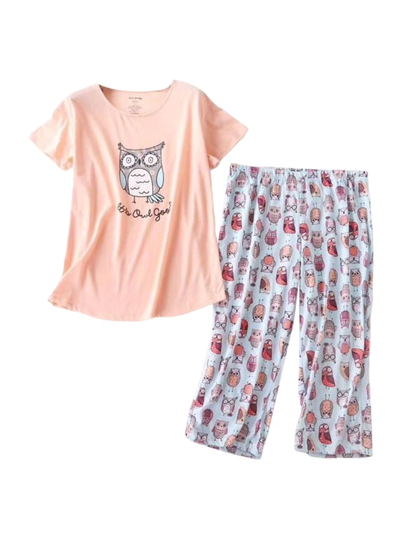 Womens Loungewear Set Short Sleeve Tops with Capri Pants Soft Comfy Pajamas Set Oversized 2 Piece Plus Size Sleepwear XL