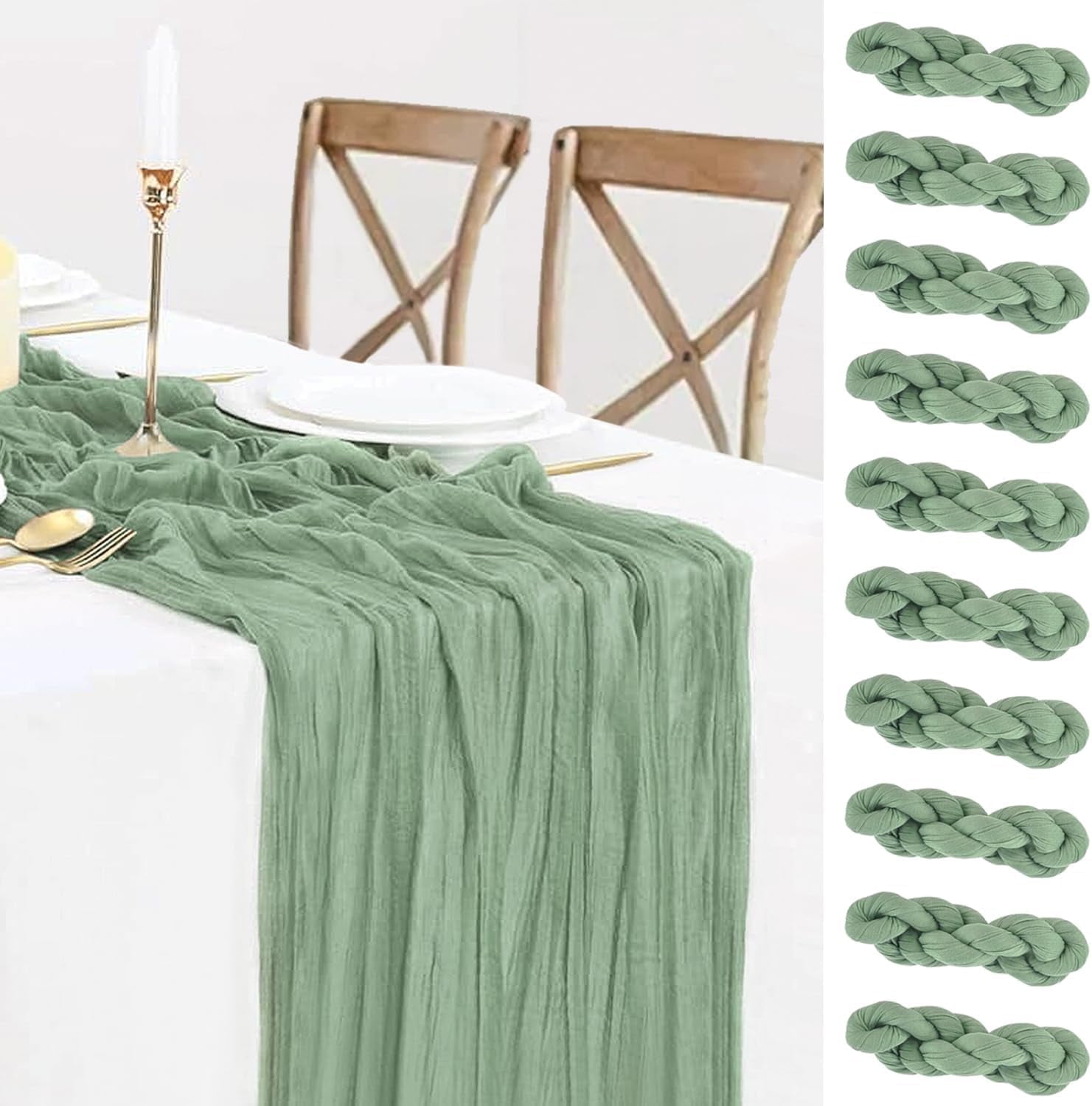 HBlife 10 Pack Sage Green Cheesecloth  Gauze Table Runner, 35 x 120 Inch Boho, Rustic, Romantic for Wedding Party Bridal Birthday Baby Shower