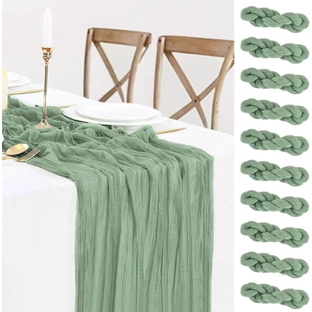 HBlife 10 Pack Sage Green Cheesecloth Gauze Table Runner, 35 x 120 Inch Boho, Rustic, Romantic for Wedding Party Bridal Birthday Baby Shower