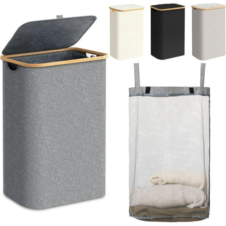 HBlife 110L Laundry Hamper with Lid and Removable Inner Bag, Gray, 2-Bag