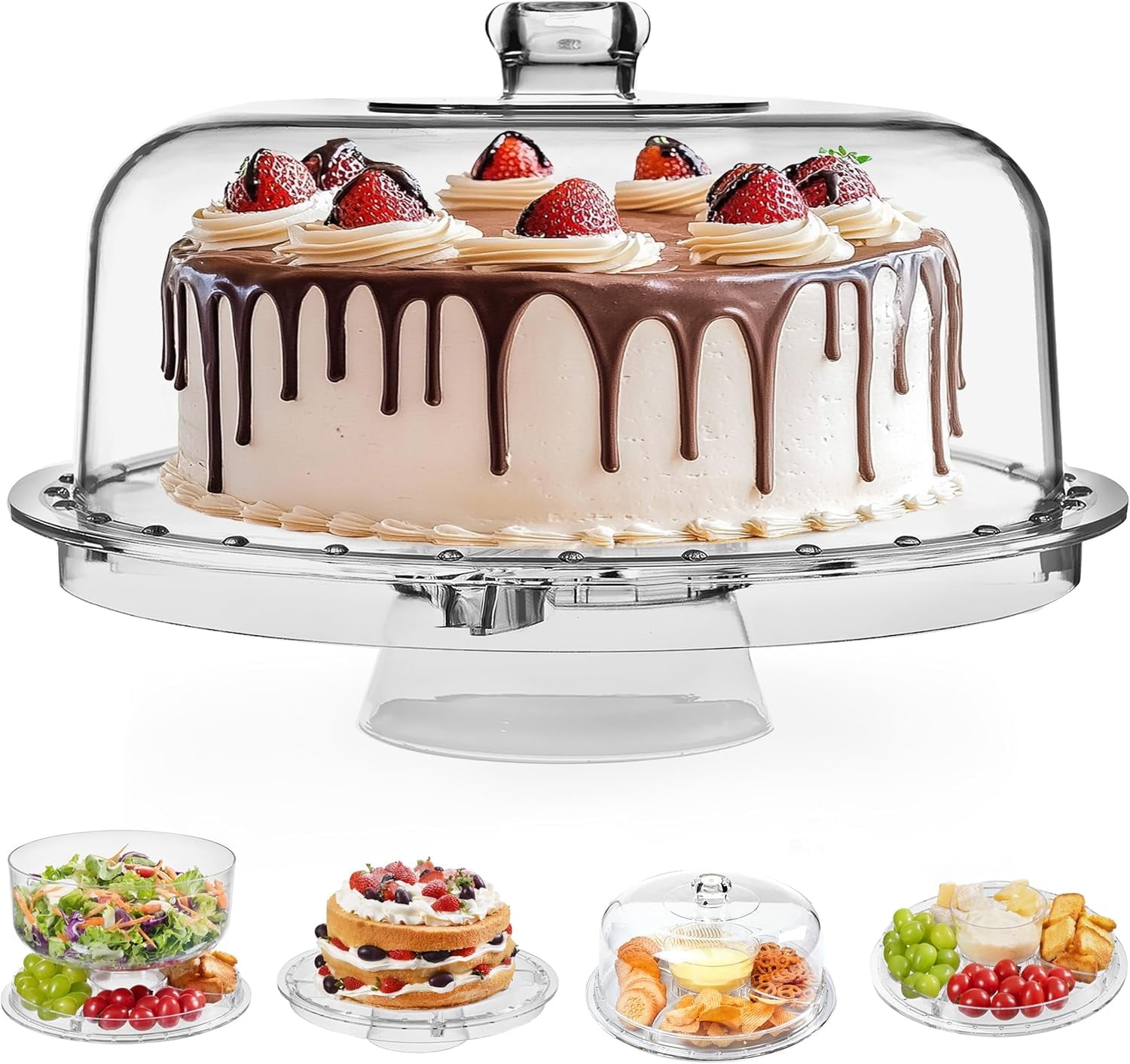 HBlife Acrylic Cake Stand with Dome Cover (12.2"), Multifunctional Serving Cookie Platter Punch Bowl and Cake Plate for Dessert Table Display for Parties (6 Uses)