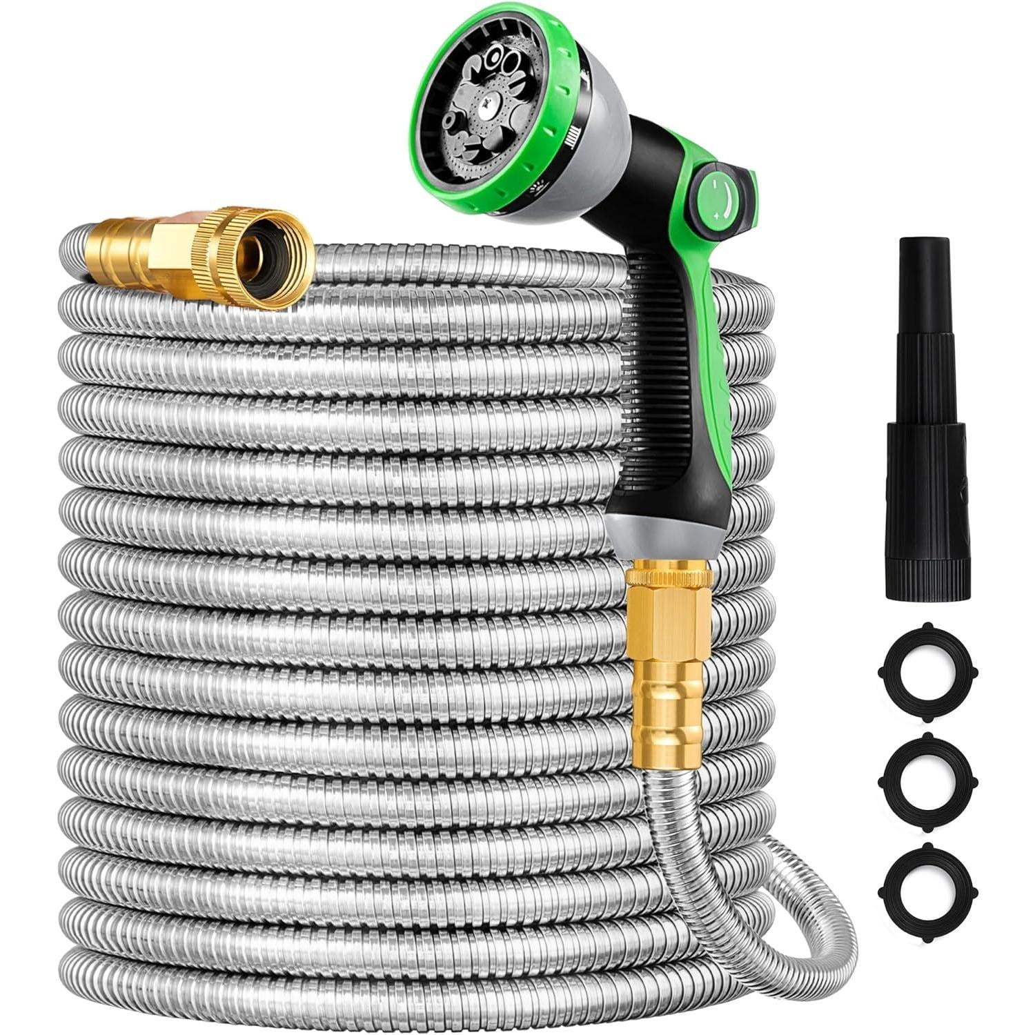 HBlife 125ft 304 Stainless Steel Garden Hose Metal, Heavy Duty Water Pipe with Nozzles for Yard