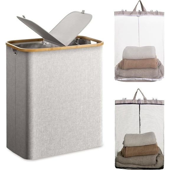 HBlife 145L Double Laundry Hamper with Lid, Divided Laundry Hamper with Removable Bags,Lightgrey