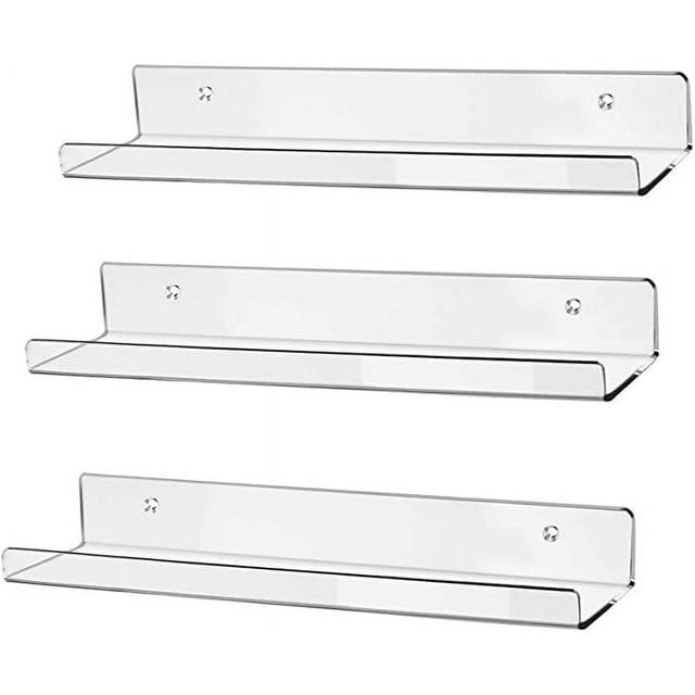 HBlife 15" Clear Acrylic Floating Wall Ledge Shelf, Wall Mounted Nursery Kids Bookshelf, Invisible Spice Rack, Clear 5MM Thick Bathroom Storage Shelves Display Organizer, 15" L x 4" D x 2" H, Set of 3