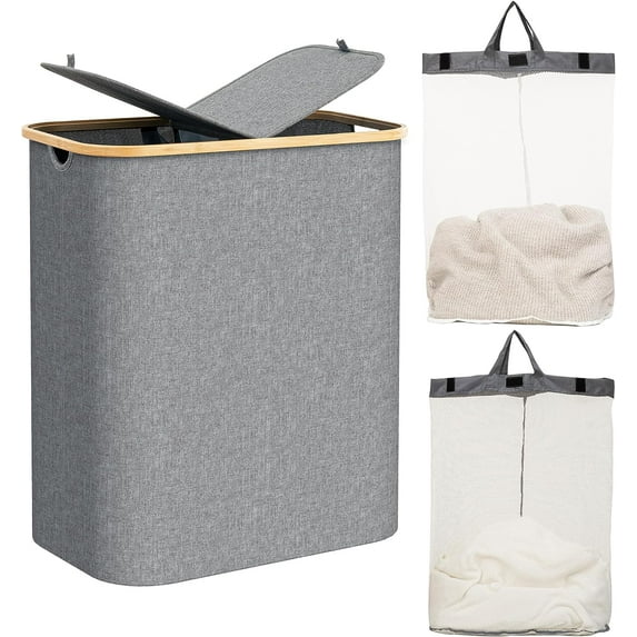 HBlife 150L Laundry Hamper with Lid, Large Laundry Basket with Bamboo Handles, Large Hampers for Laundry, Dirty Clothes Hamper with 2 Removable Inner Bags for Clothes Toys Towels, Gray