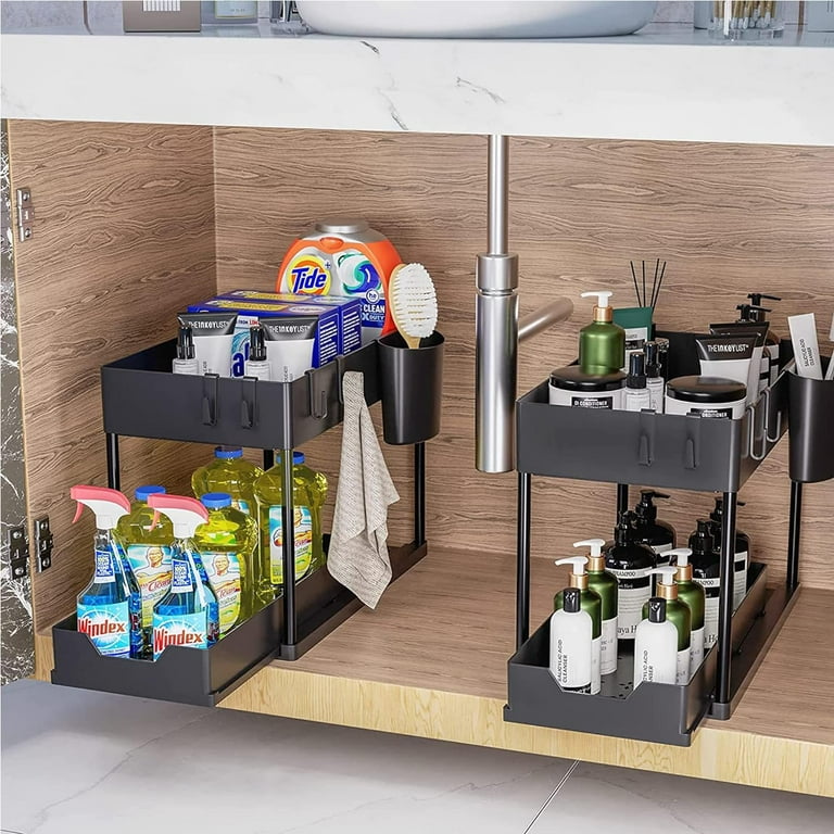 HBlife 2 Pack Under Sink Organizer and Storage, 2 Tier Pull-Out Under Cabinet Organizer with Hooks and Hanging Cup, Multi-Purpose Under Sink Shelves