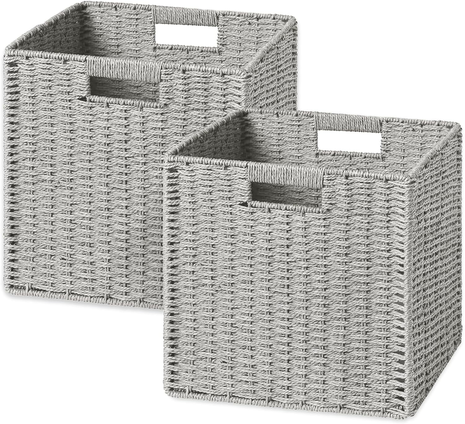 HBlife 2 Pack Wicker Basket, 11.8L×11.8H×11W inch Woven Paper Rope Storage Baskets for shelves, Foldable Cube Storage bin with Handle, Storage Basket for Organizing & Decor, Gray