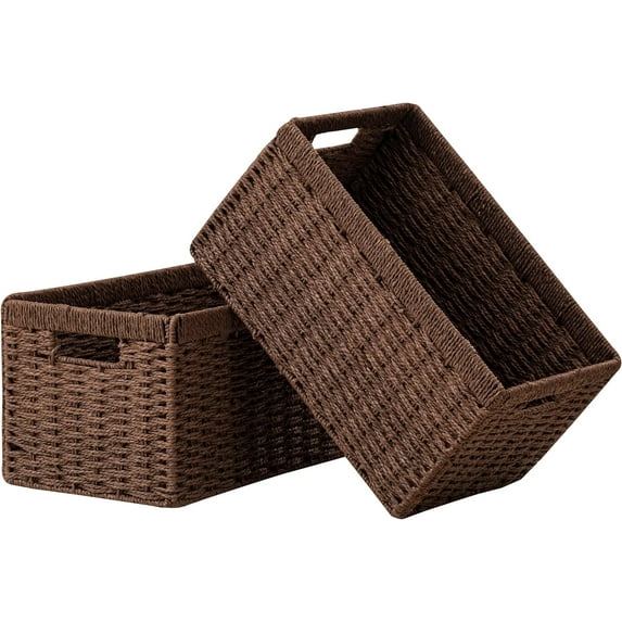 HBlife 2 Pack Wicker Baskets, Rectangle Wicker Storage Baskets with Built-in Handles, Paper Rope Baskets for Shelves Home Organizing, Brown
