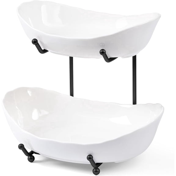 HBlife 2 Tier Ceramic Fruit Rack, Fruit Basket, Fruit Bowl for Kitchen Counter, Black
