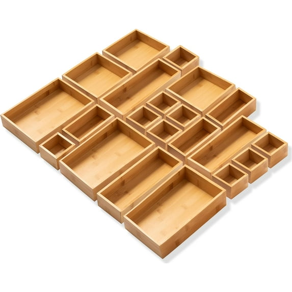 HBlife 21-Piece Bamboo Drawer Organizer Set, 5-Size Bathroom and Vanity Drawer Organizer Trays, Wood Junk Drawer Organizers, Storage Bins for Makeup, Jewelry, Kitchen Gadgets Utensils, Office Desk