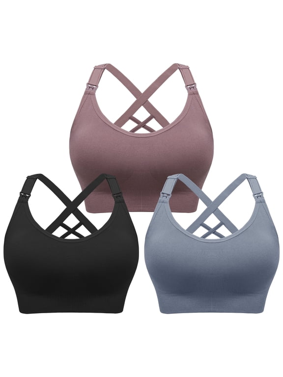 Maternity Seamless Nursing Sport Bras, Pink, Black, Blue (3 Pack) XL