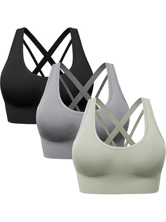 3 Pack Sports Bra for Women Padded Medium Support Criss Cross Strappy Bras Seamless High Impact Yoga Exercise Athletic Bras