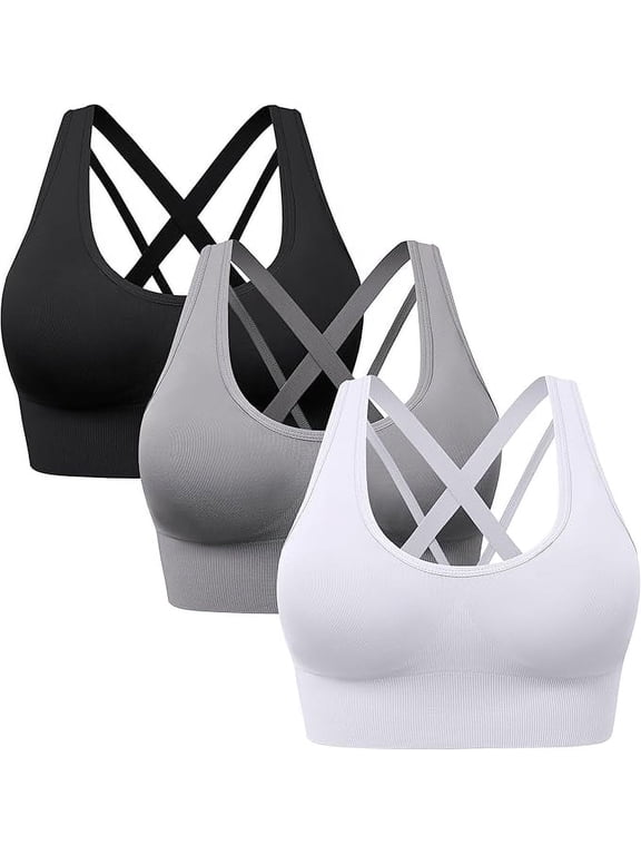 3 Pack Sports Bra for Women Padded Medium Support Criss Cross Strappy Bras Seamless High Impact Yoga Exercise Athletic Bras