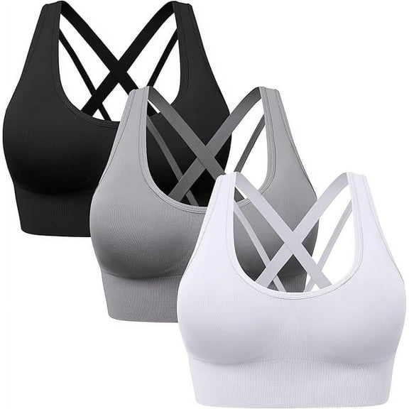 HBlife 3 Pack Sports Bra for Women Padded Medium Support Criss Cross Strappy Bras Seamless High Impact Yoga Exercise Athletic Bras