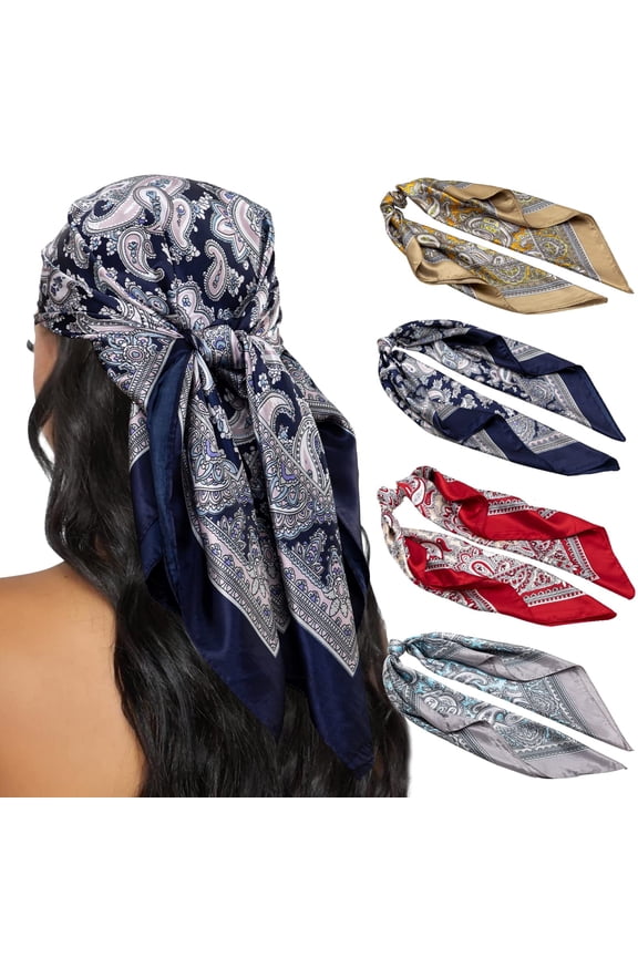 Large Square Women's Satin Head Scarf Bandana, Multicolor, 4 Pack