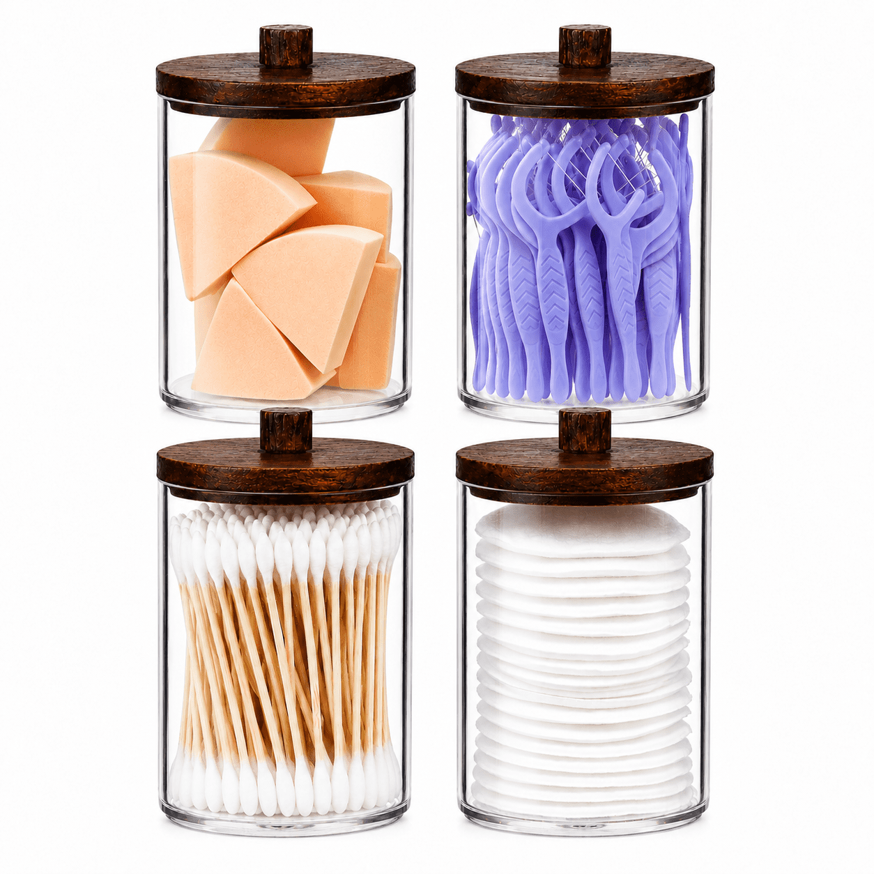 HBlife 4 Pack Acrylic Qtip Holder Dispenser for Cotton Ball, Vanity Makeup Organizer,Brown