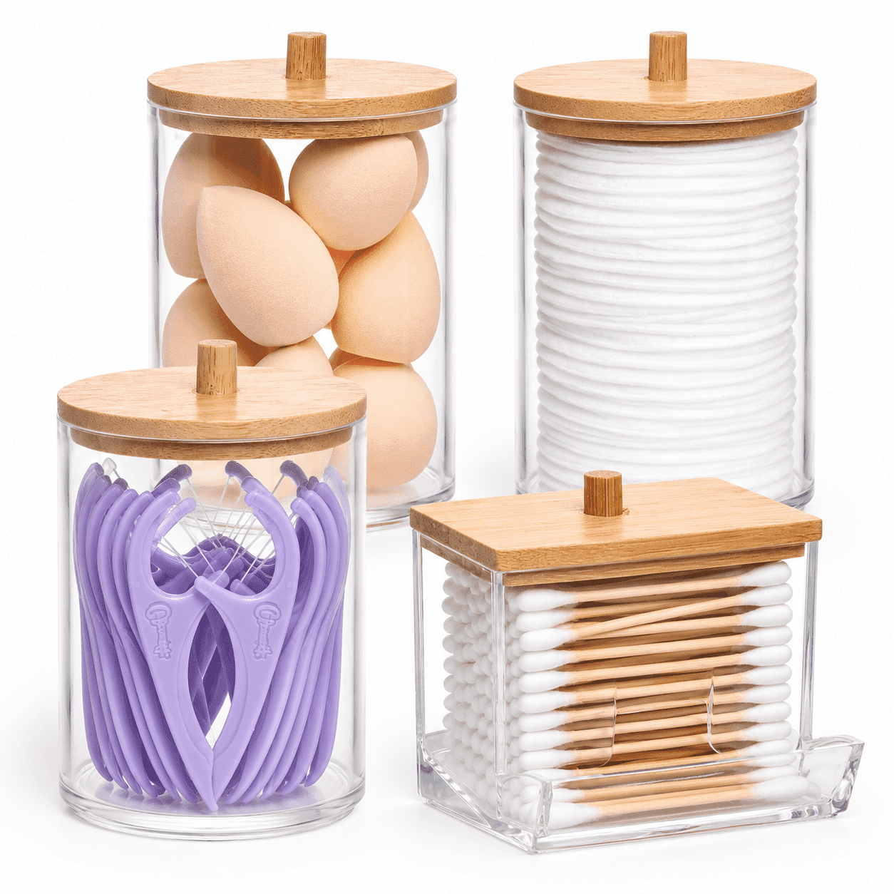 HBlife 4 Pack Qtips Holder Bathroom Container, 10/7 OZ Cotton Ball/Swabs Dispenser, Apothecary Jar Organizer for Storage Bamboo Lids