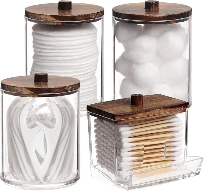 HBlife 4 Pack Qtips Holder Bathroom Container, 10/7 OZ Cotton Ball/Swabs Dispenser, Apothecary Jar Organizer for Storage Brown Wood Lids