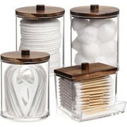 HBlife 4 Pack Qtips Holder Bathroom Container, 10/7 OZ Cotton Ball/Swabs Dispenser, Apothecary Jar Organizer for Storage Brown Wood Lids