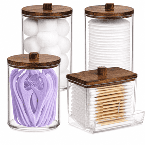 HBlife 4 Pack Qtips Holder Bathroom Container, 10/7 OZ Cotton Ball/Swabs Dispenser, Apothecary Jar Organizer for Storage Brown Wood Lids