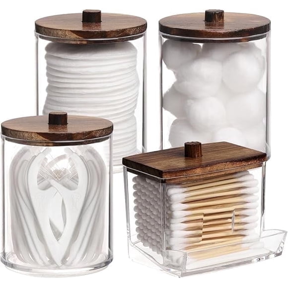 HBlife 4 Pack Qtips Holder Bathroom Container, 10/7 OZ Cotton Ball/Swabs Dispenser, Apothecary Jar Organizer for Storage Brown Wood Lids