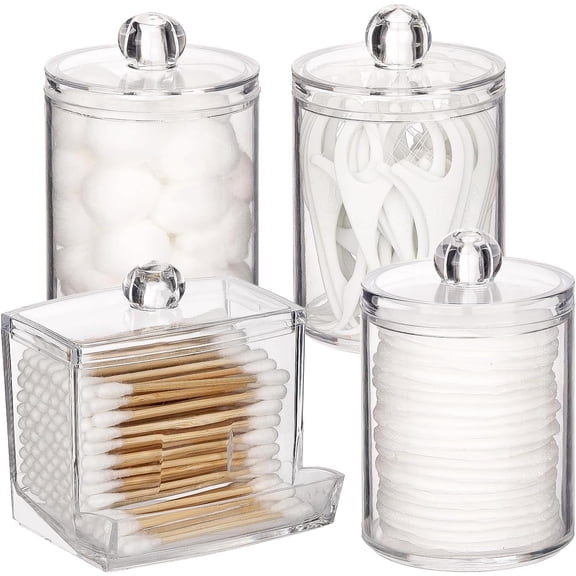 HBlife 4 Pack Qtips Holder Bathroom Container, 10/7 OZ Cotton Ball/Swabs Dispenser, Apothecary Jar Organizer for Storage Clear Lids