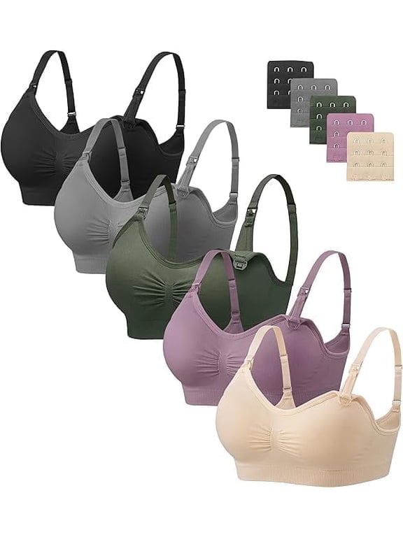 5 Pack Nursing Bras for Breastfeeding Womens Maternity Bras Seamless Wireless Sleeping Bra with Bra Extenders