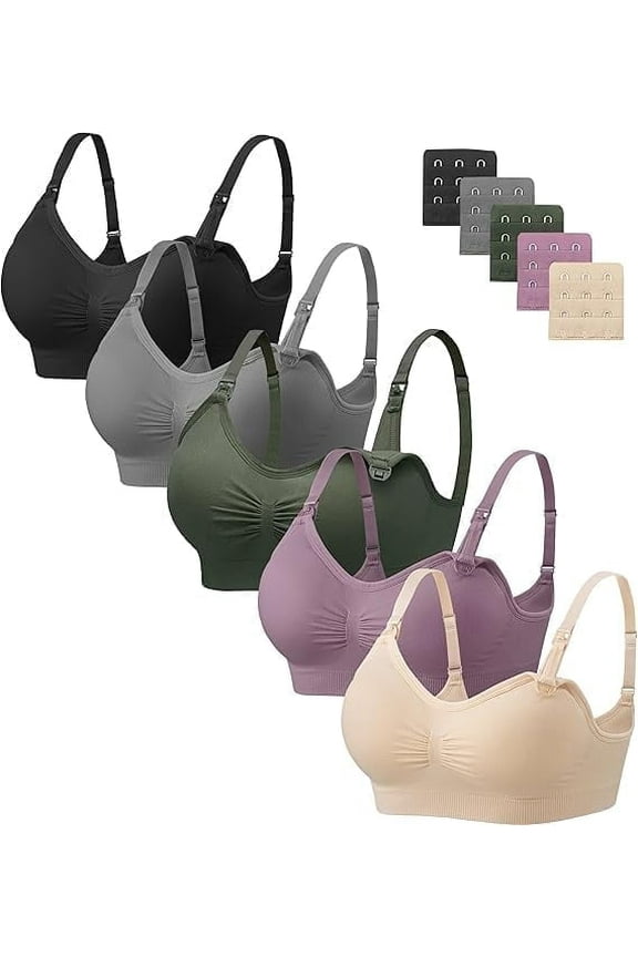 5 Pack Nursing Bras for Breastfeeding Womens Maternity Bras Seamless Wireless Sleeping Bra with Bra Extenders
