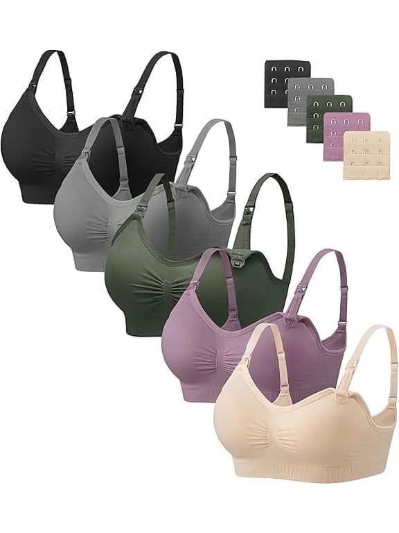 5 Pack Nursing Bras for Breastfeeding Womens Maternity Bras Seamless Wireless Sleeping Bra with Bra Extenders
