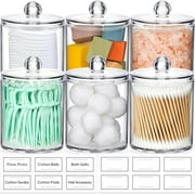HBlife 6 Pack Acrylic Qtip Holder Dispenser for Cotton Ball, Cotton Swab, Cotton Round Pads, Floss - Clear Plastic Apothecary Jar Set, Bathroom Canister Storage Organization, Vanity Makeup Organizer
