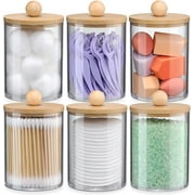 HBlife 6 Pack Qtip Holder - Clear Cotton Ball Cotton Swab Holder for Restroom Bathroom Organizers and Storage Containers, Plastic Apothecary Jars with Bamboo Lids