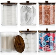 HBlife 6 Pack Qtip Holder - Clear Cotton Ball Cotton Swab Holder for Restroom Bathroom Organizers and Storage Containers, Plastic Apothecary Jars with Wood Lids