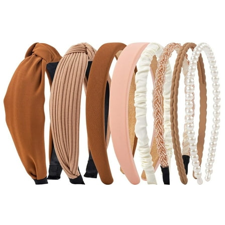 HBlife Fashion Pearl Non Slip Knotted Headband in Solid for Woman Girls, Brown, 8 Pack