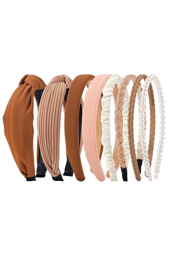 Fashion Pearl Non Slip Knotted Headband in Solid for Woman Girls, Brown, 8 Pack