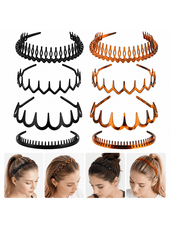 8 Pack No Slip Effortless Plastic Headbands with Teeth Comb,Multicolor