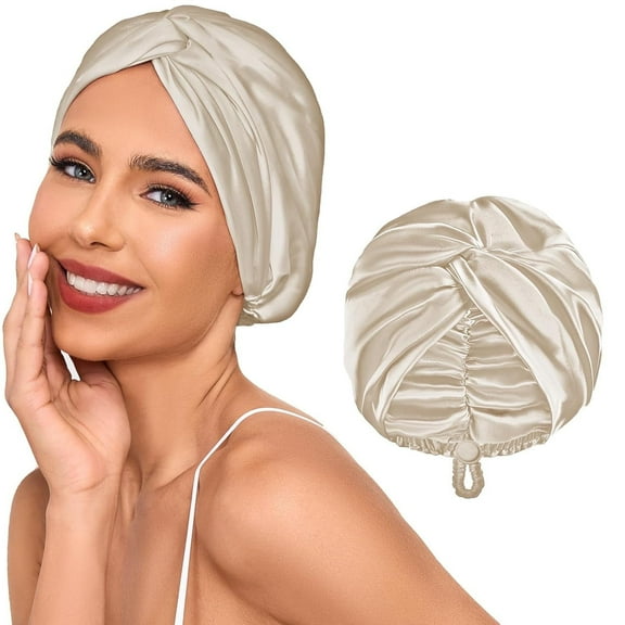 HBlife Adjustable Double Layer Silk Satin Sleeping Hair Bonnet, Champagne, Large