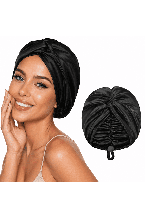 Adjustable Silk Satin Hair Bonnet for Sleeping Women,Double Layer,Night Turban for Large Long Curly Braid Women Men Hair - Black