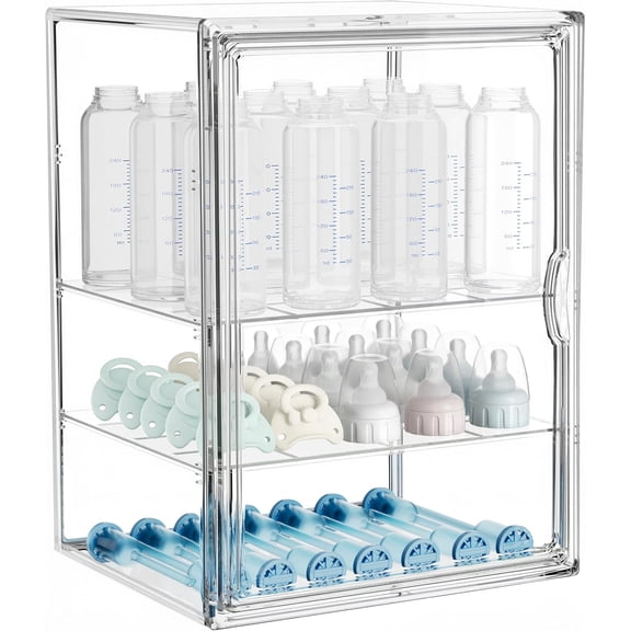 HBlife Baby Bottle Storage Organizer for Countertop Cabinet, 3 Tiers Adjustable Clear Acrylic Bottles Storage Station Case Box Container with 2 Removable Dividers and Magnetic Door, X-Large