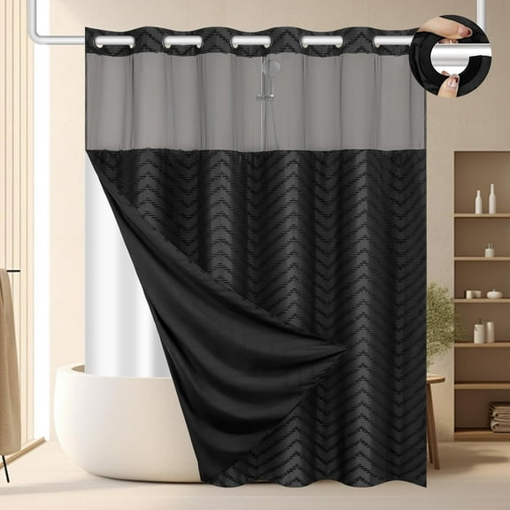 HBlife Black No Hook Fabric Shower Curtain & Liner Set, 71 x 74, Waterproof, Washable, See Through Top Window, 71" x 74"