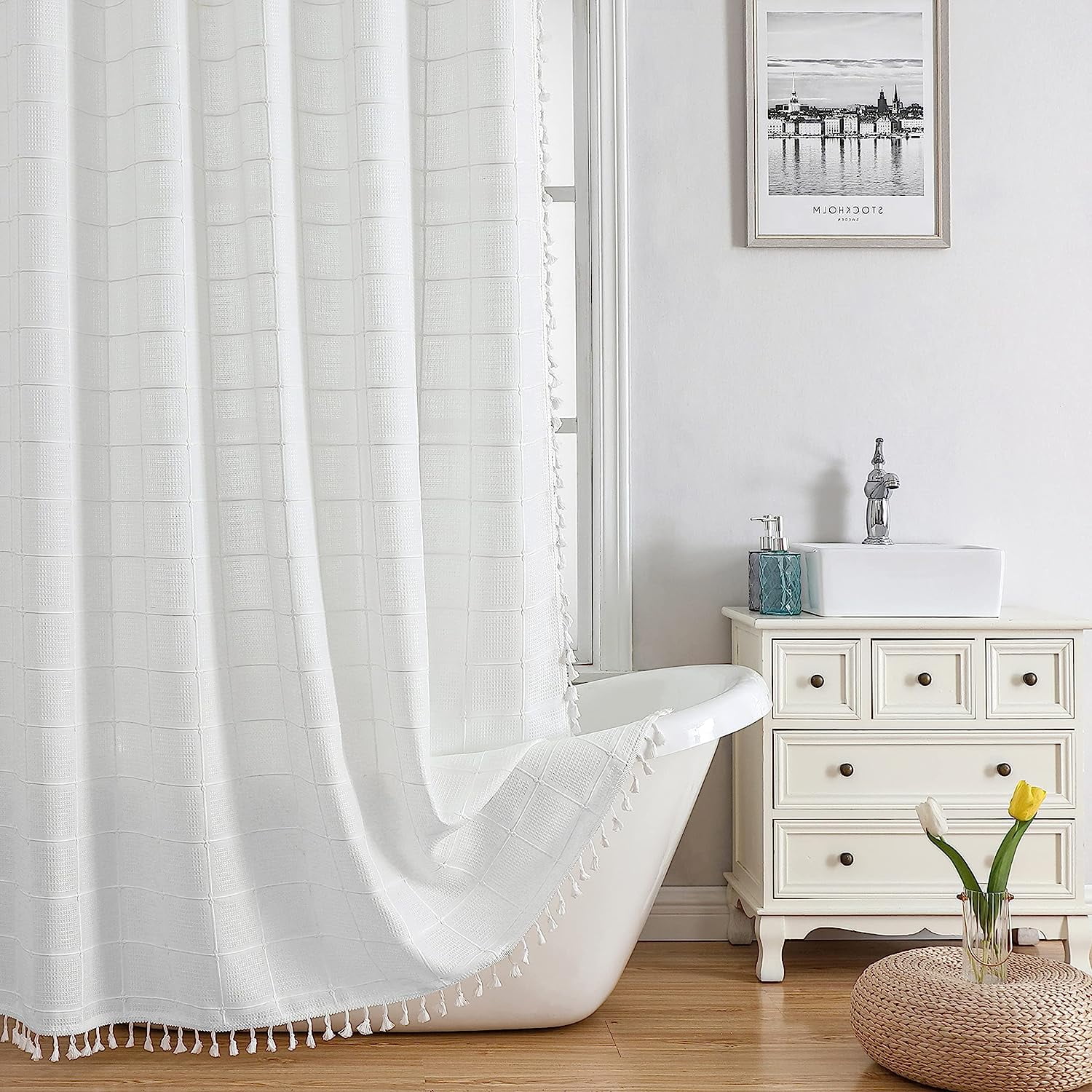 HBlife Boho Farmhouse Linen Shower Curtain, Water Repellent, Rustic