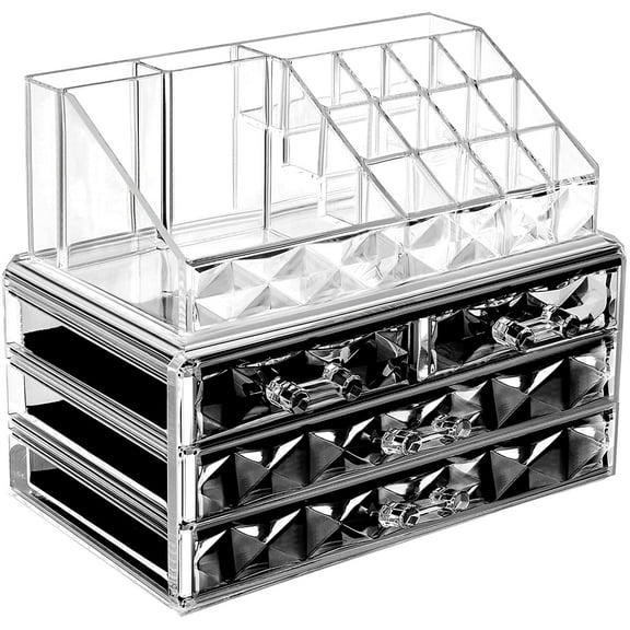 HBlife Clear Acrylic Makeup Organizer, 2 Pieces Vanity Makeup Case with 4 Storage Drawers, 2 Tier Bedroom Cosmetic Display Case, Skincare Bathroom Counter Organizer