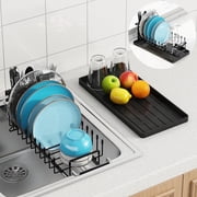 HBlife Expandable Sink Dish Drying Rack, Small Dish Rack Over Sink with Silicone Drying Tray, Sink Dish Drainer for Kitchen Counter with Cutlery Holder