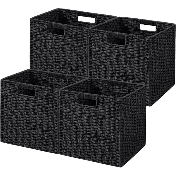 HBlife Foldable Paper Rope Storage Baskets for Shelves, Black (4 Pack)