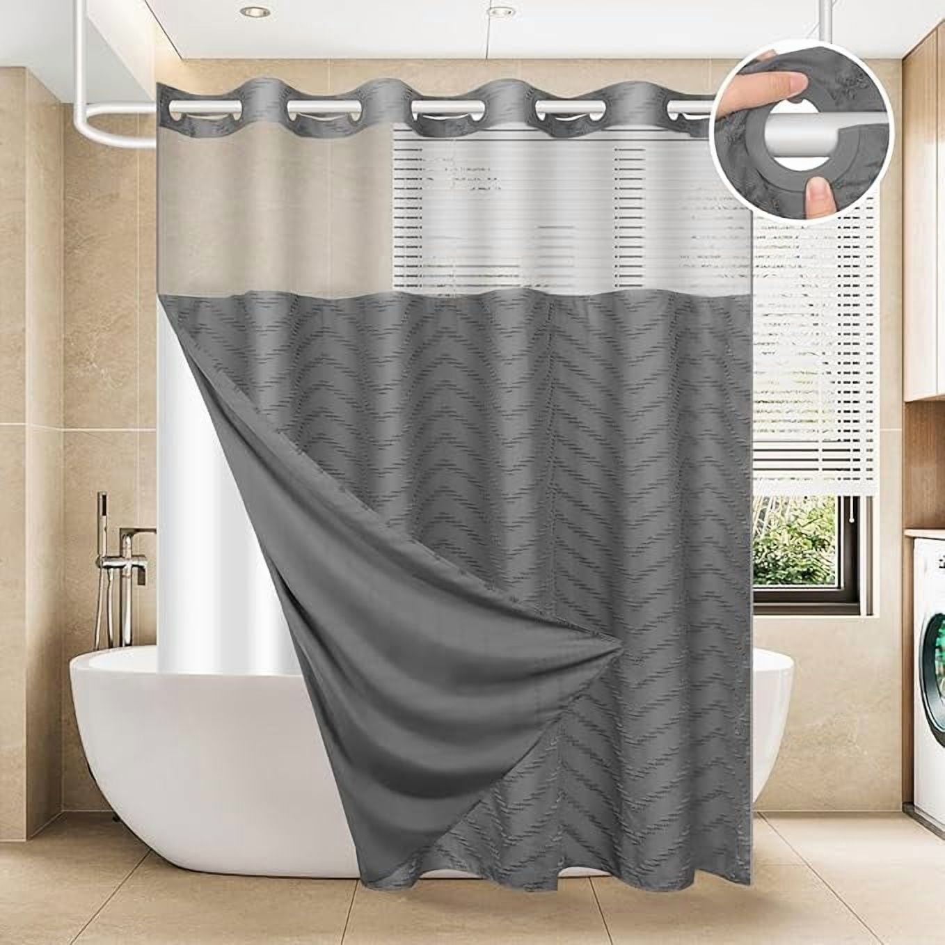 HBlife Grey No Hook Fabric Shower Curtain & Liner Set, 71 x 74, Waterproof, Washable, See Through Top Window, 71" x 74"