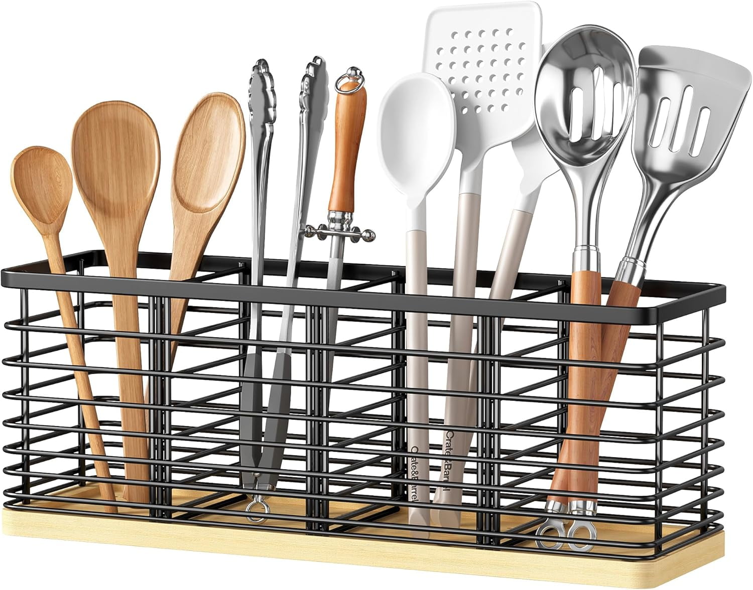 HBlife Kitchen Counter Utensil Holder with Bamboo Base, Matte Black, 4-Compartment Kitchen Utensil Organizers