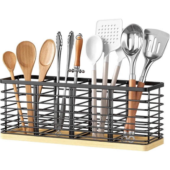HBlife Kitchen Counter Utensil Holder with Bamboo Base, Matte Black, 4-Compartment Kitchen Utensil Organizers