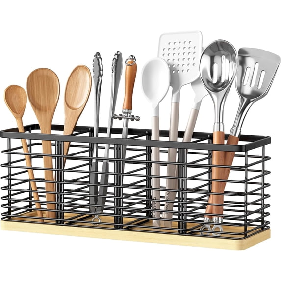 HBlife Kitchen Counter Utensil Holder with Bamboo Base, Matte Black, 4-Compartment Kitchen Utensil Organizers