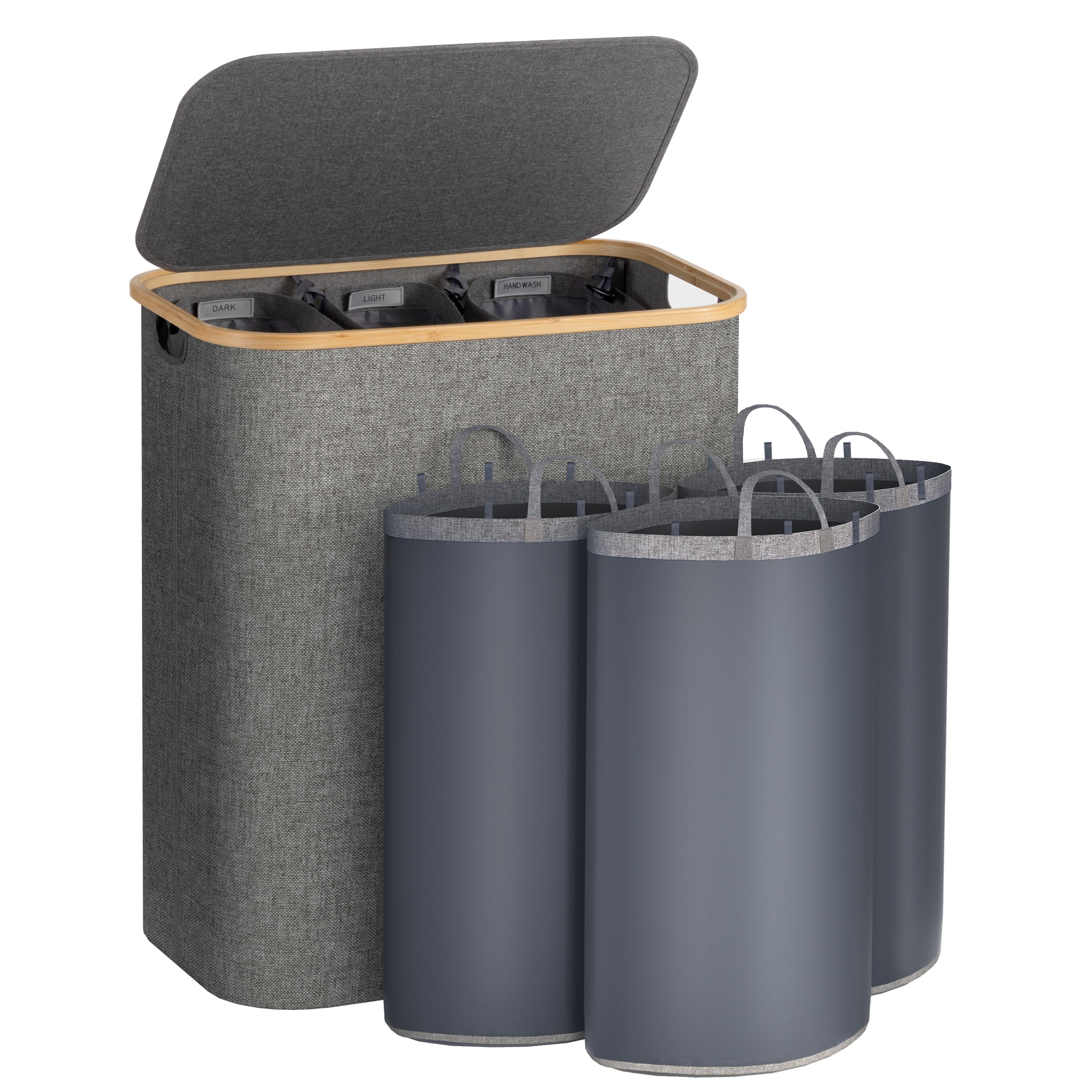 Gray Collapsible Upright Hamper with Lid and Dividers
