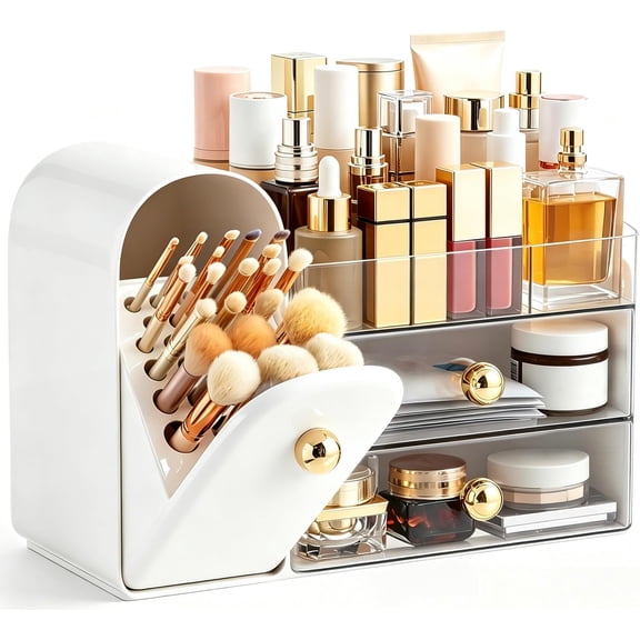 HBlife Makeup Organizer Countertop with Drawers, Vanity Organizers with Brush Holder, White and Clear