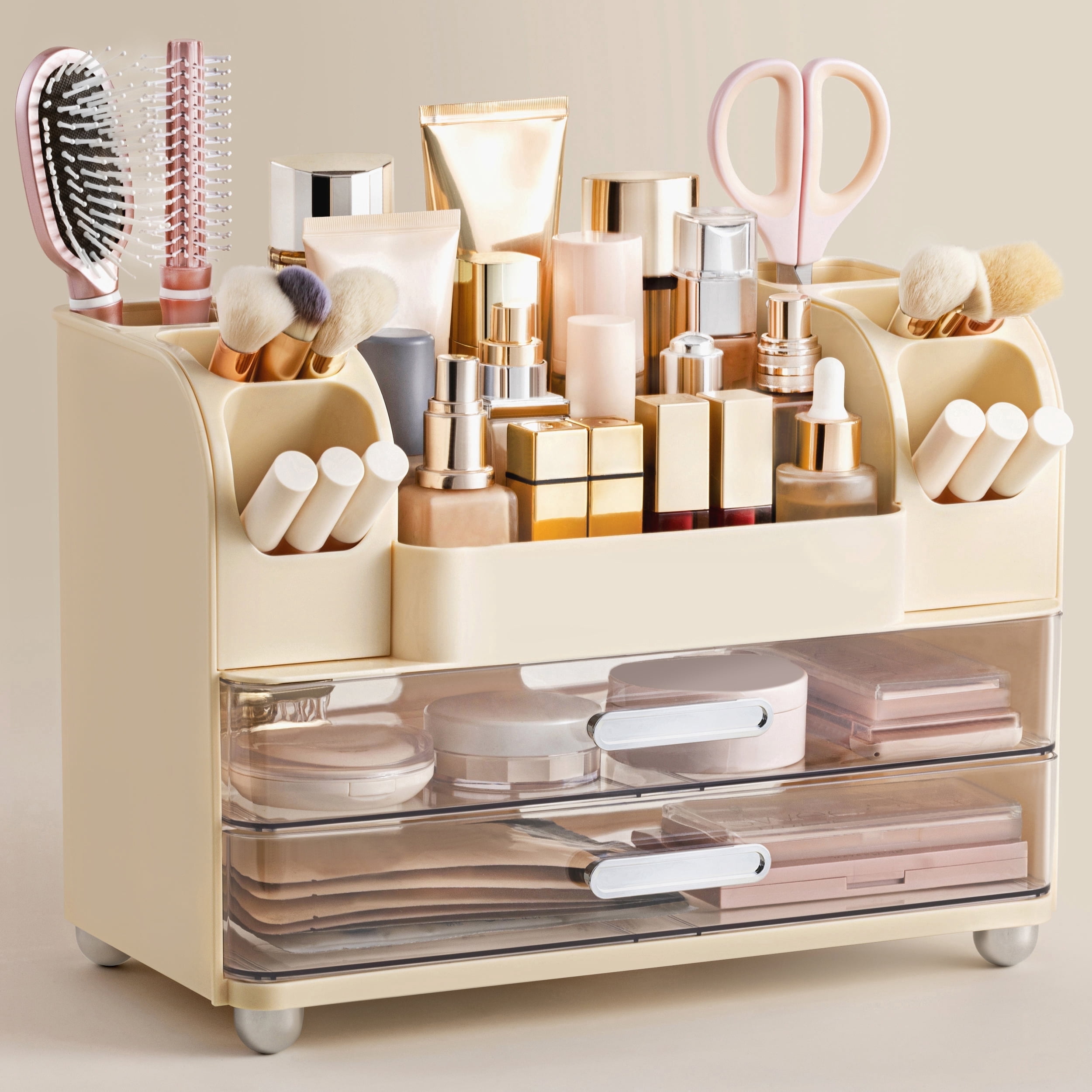 HBlife Makeup Organizer for Vanity with Brush Holder, Large Bathroom Countertop Cosmetic Organizer, Beige